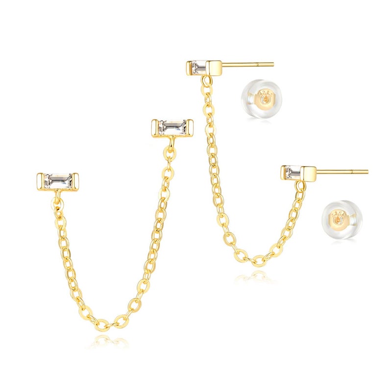 LOYATA Double Stud Earrings Gold Bar Diamond Cubic Zirconia Dainty Chain Dangle Drop 14K Gold Plated Small Simple Hypoallergenic Jewelry Gift for Women - Image 1
